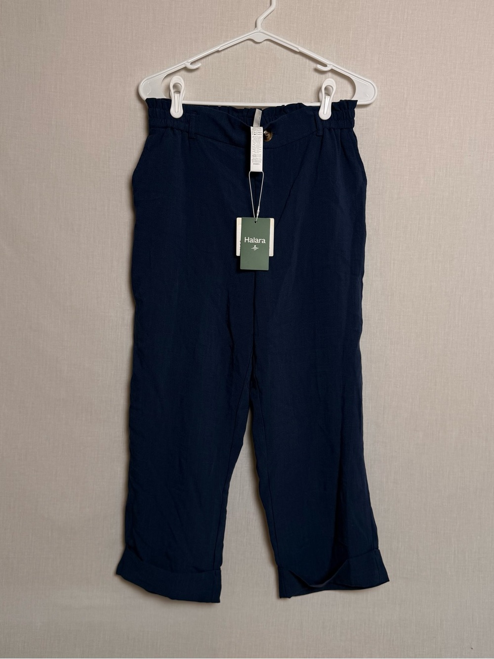 NWT Halara Navy Blue Wide Leg Paperbag Pants Size Medium Pull-On Rayon Blend